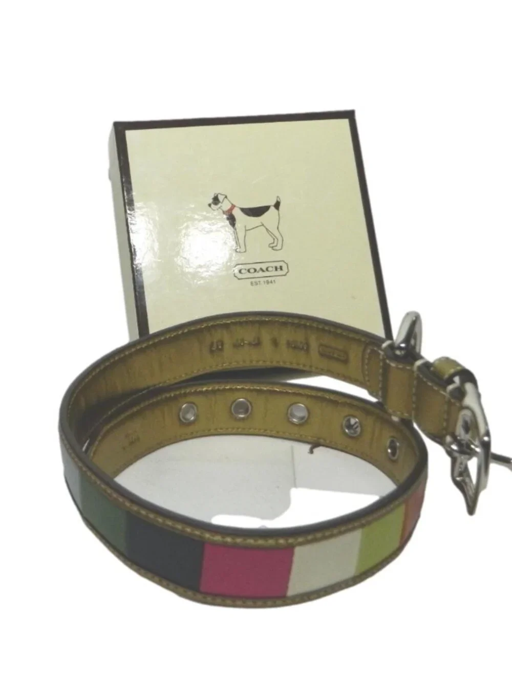 Coach 60194 Legacy Stripe Leather Charm Dog Collar Sz L NIB!